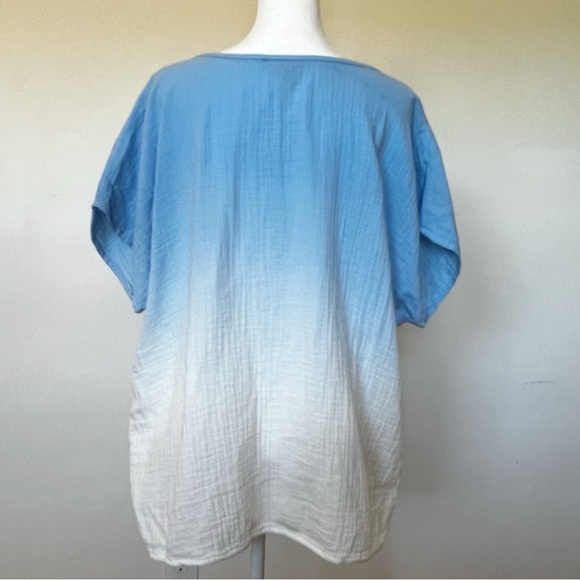 Ombre Cotton Gauze Top Blue to White Beachy Boho V Neck Tee Size XL - Picture 4 of 10